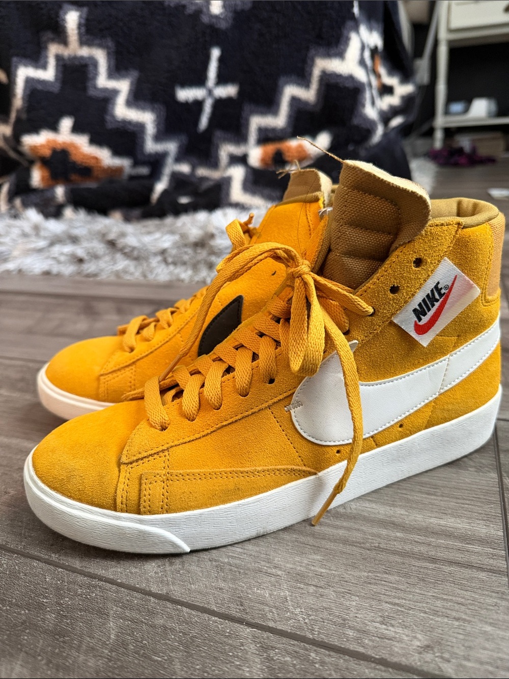 Nike High-Top Suede Sneakers in Mustard Yellow with White Swoosh